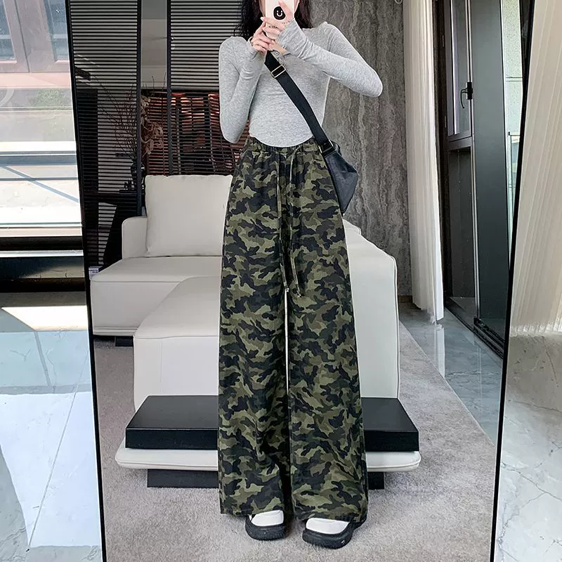 Трансграничные американские камуфляжные повседневные джинсы для женщин на осень, свободные широкие брюки с завязками, прямые драпированные брюки длиной до пола, брюки нового стиля