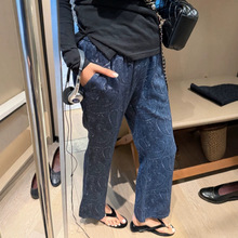 复古天丝麻印花微喇阔腿九分裤女夏季高腰显瘦垂感休闲辣叭裤