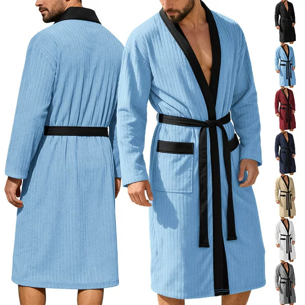 Cross-Border Amazon Men's Long Jacquard Soft Solid Color Belt Robe Men's Bathrobe European and American Large Size Loungewear for Men