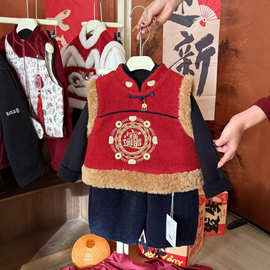 大小卷【招财】儿童拜年服25冬季新款新中式男童女童毛呢夹棉套装