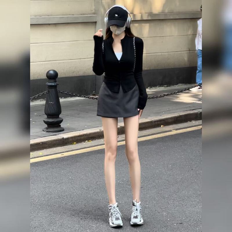 New Threaded Casual Versatile Double-Zip Stand-Collar Long-Sleeve Jacket for Women, Autumn Thin Style, Waist-Cinching, Slim-Fit, Flattering