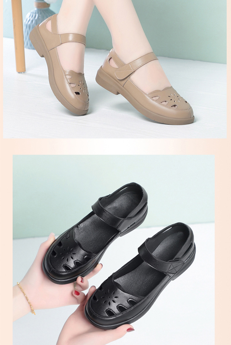 Sandal da thật lỗ thoáng khí đế mềm cho nữ trung niên, đế cao su bền bỉ — màu be chi tiết 13