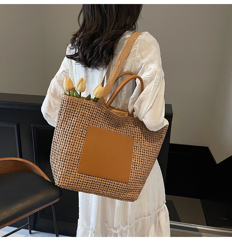 Large Woven Beach Tote Bag For Women Stylish Hollow Out Handbag_voghion.com
