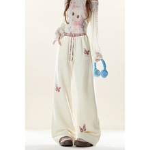 自然涩粉色格纹蝴蝶贴布休闲裤女秋冬季新款松紧腰运动风直筒裤子