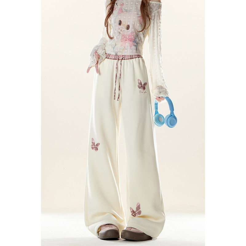 Natural Astringent Pink Plaid Butterfly Patch Casual Pants for Women Autumn and Winter New Elastic Waist Sports Style Straight Pants