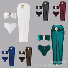 新款性感辣妹抹胸分体比基尼泳衣女长裙三件套高叉欧美跨境游泳装