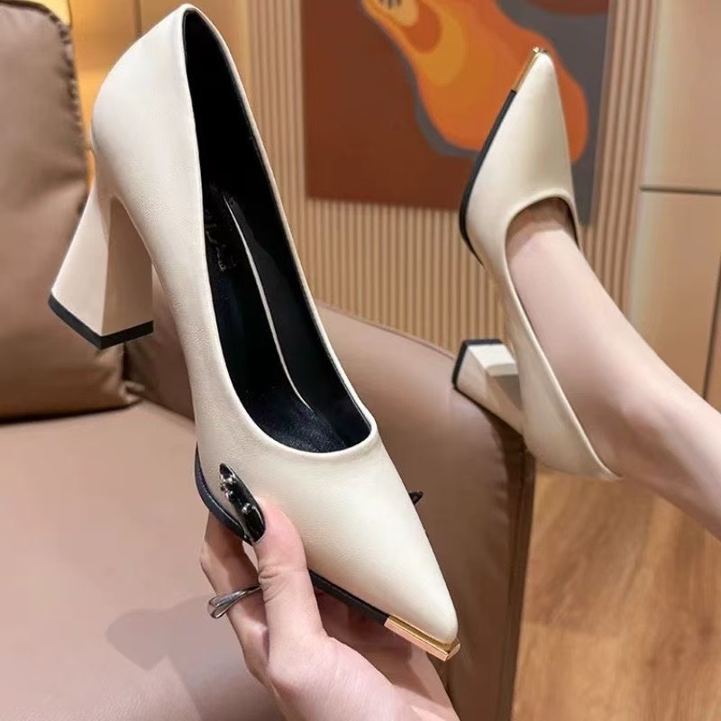 Retro Pointed-toe Stiletto Heels For Women Versatile Chunky Pumps_voghion.com