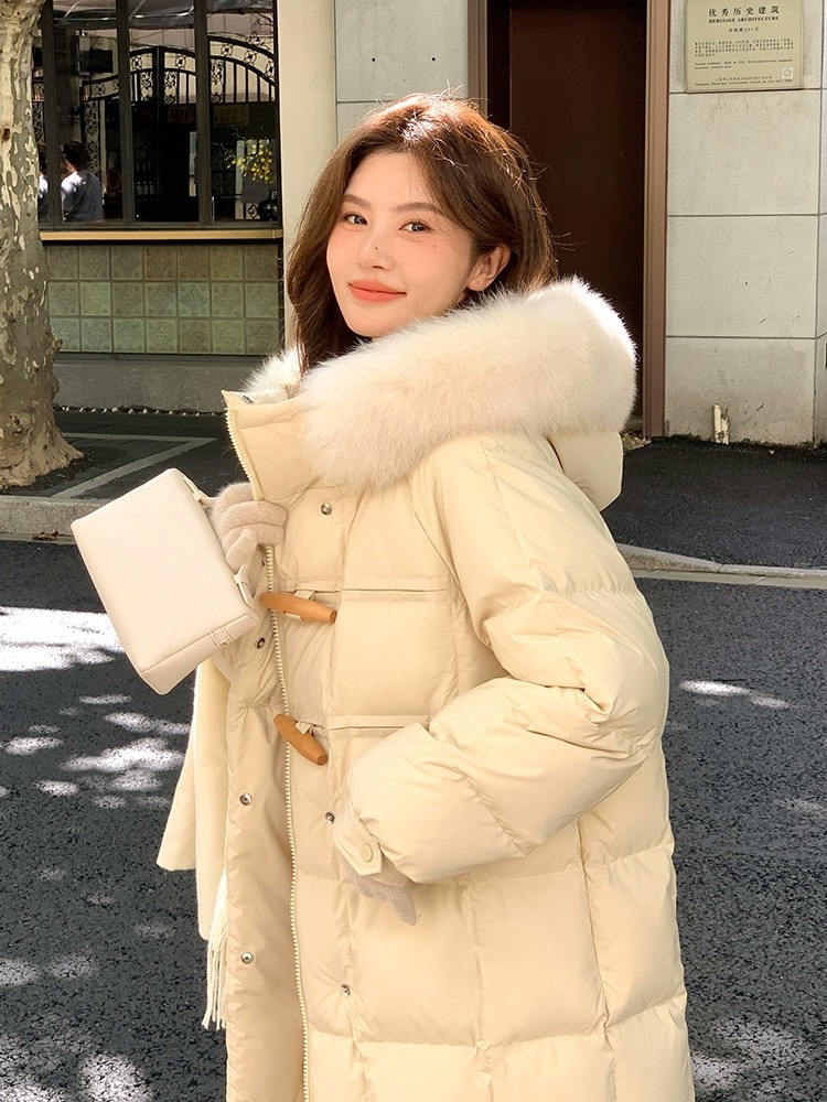 ダウンジャケット レディース ミドル丈 2025年冬新作 おしゃれ 可愛い フード付き 厚手 ホワイトダックダウン 大きなファー襟付き 暖かいコート