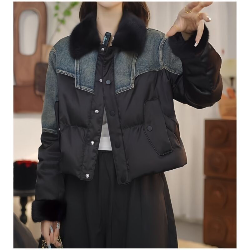2026 Fashion New Design Denim Embroidered Short Patchwork down Jacket Short Style Elegant Slimming Warm Coat