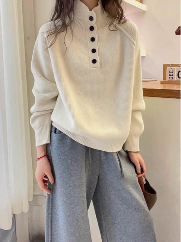 日系纽扣设计感高领毛衣女套头欧洲站春季新款欧货女装外穿针织衫|undefined