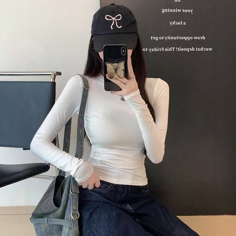 跨境女装纯色修身长袖显瘦T恤秋冬女百搭韩版辣妹穿搭打底上衣女|undefined