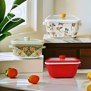 Enamel Square Pot for Home Use, Thickened Enamel Square Pot with Double Handles for Stewing, Cooking Noodles, and Making Soup, Compatible with Induction Cookers and Gas Stoves