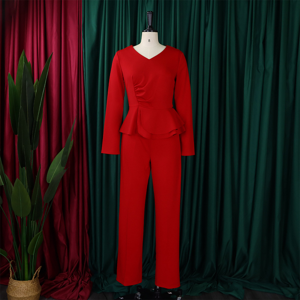 Autumn and winter women's new long-sleeved elegant temperament OL ruffled V-neck tops and pants two-piece set_voghion.com