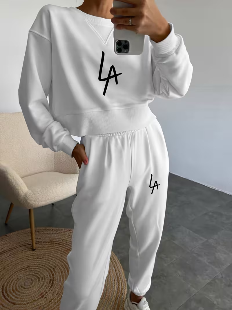 Women's Two Piece Set Fleece Lined Round Neck Casual Print Outfit_voghion.com