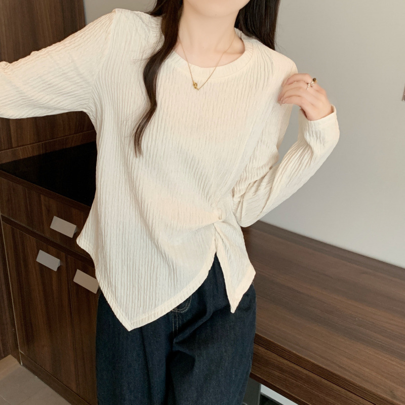 2025秋季新款胖mm大码设计感长袖T恤不规则收腰正肩打底上衣女|undefined