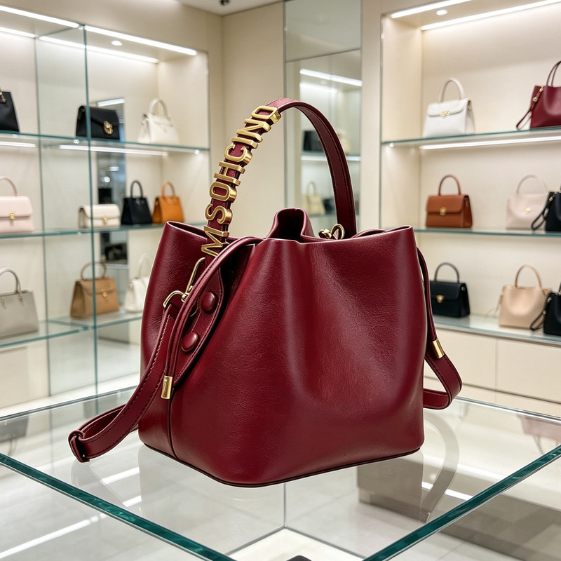 Cross-Border Moschino Same Style Gold Letter Handle Bucket Bag with Drawstring Closure, Handbag, Shoulder Bag, Crossbody Bag Cross-Border Moschino Same Style Gold Letter Handle Bucket Bag with Drawstring Closure, Handbag, Shoulder Bag, Crossbody Bag