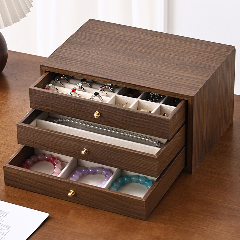 Walnut Color Multi-Layer Jewelry Box Storage Box High-End Dust-Proof Wooden Earrings Ring Necklace Jewelry Storage Box