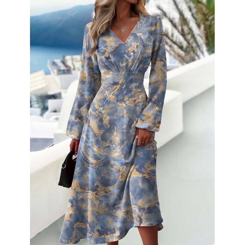 European and American Amazon Cross-border 2025 Spring and Autumn New Slim-fit Fashion Printed dress V-neck Long Sleeve dress Women