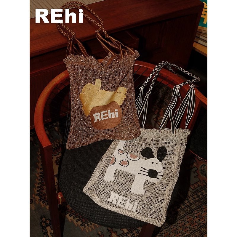 REhi 麻花兜兜袋 原创编绳小狗绣花编织大容量单肩包斜挎托特包|undefined