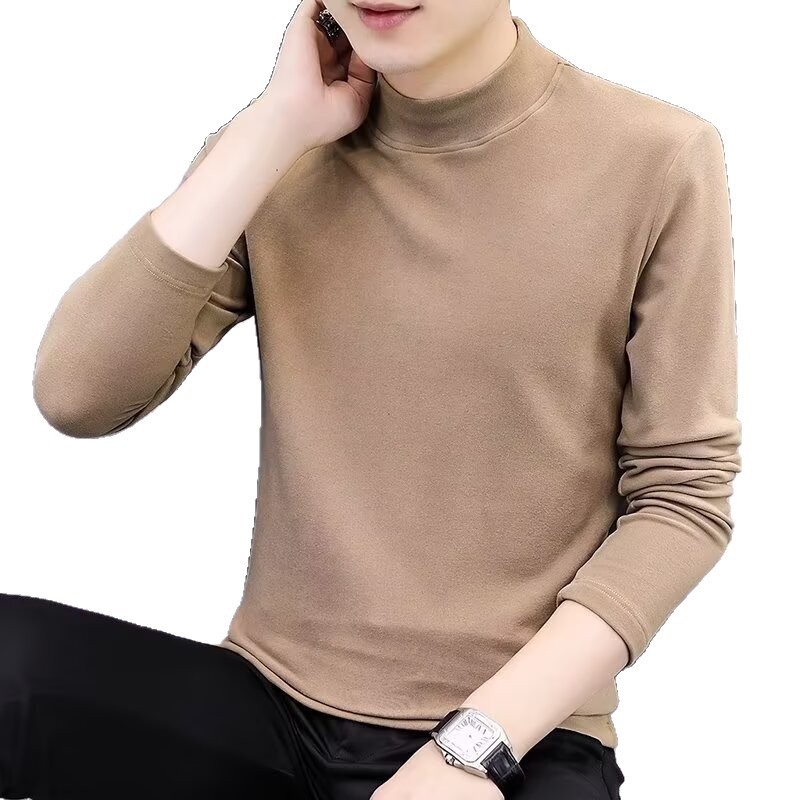 Fuente de fábrica de camisetas de manga larga de hombre primavera y otoño nuevo estilo de ropa de hombre delgado de algodón de cuello medio camiseta de color sólido