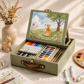 亚马逊木质绘画工具收纳盒实木儿童画材储物盒翻盖画架美术礼盒