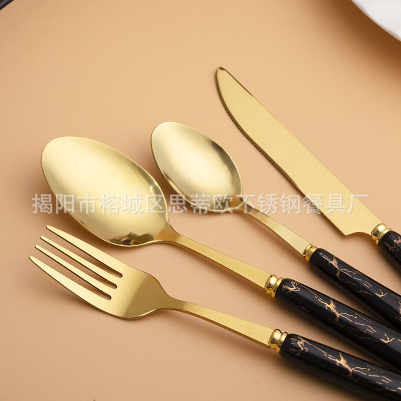 Cuchillo de acero inoxidable transfronterizo, tenedor y cuchara jaspeado cuchillo de carne restaurante del hotel cuchara tenedor mango de cerámica caja de regalo de 24 piezas
