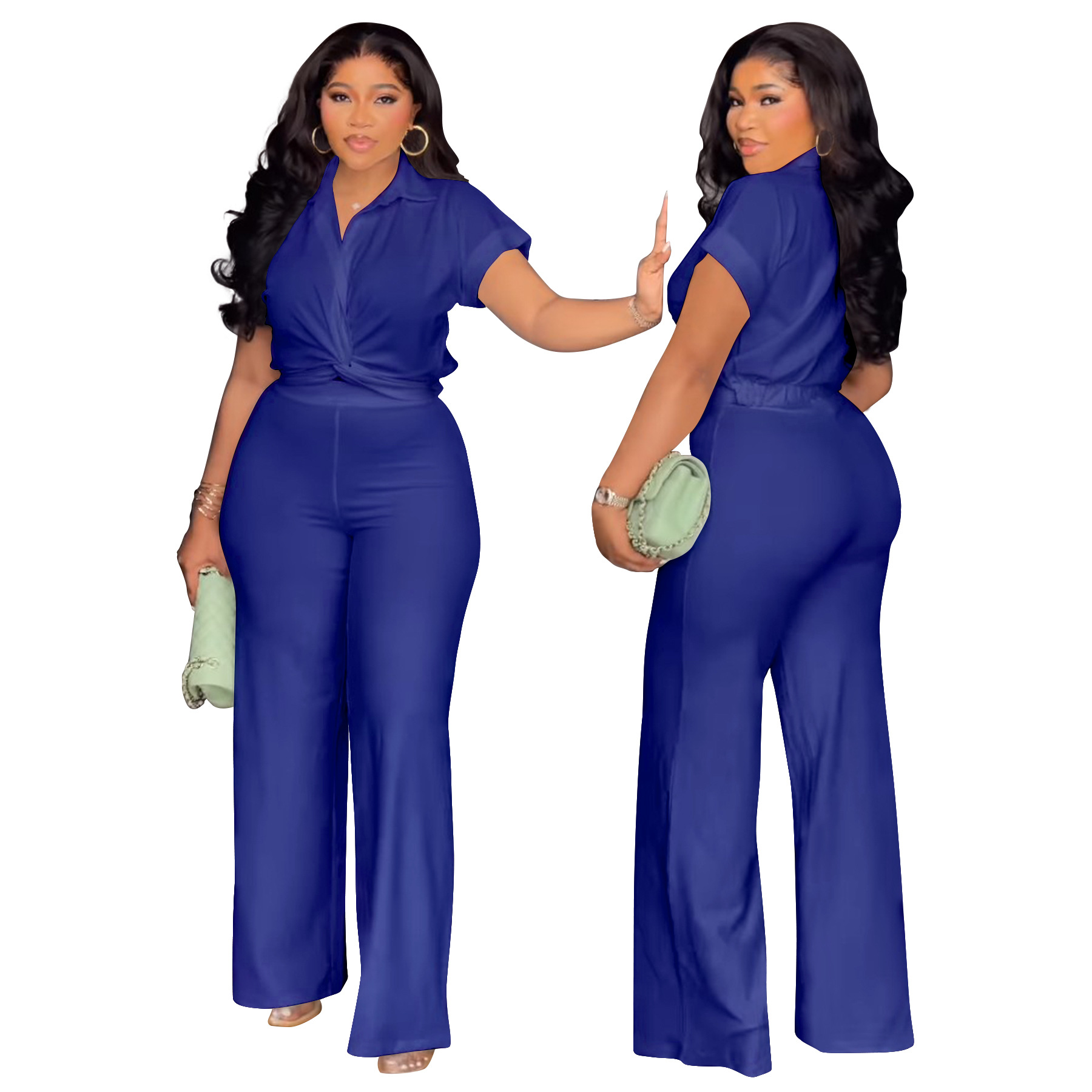 Women's Clothing Plus Size Summer Outfit High Waist Casual Pants & Solid Color Shirt Short Sleeved Two-Piece Set_ecoleips.com