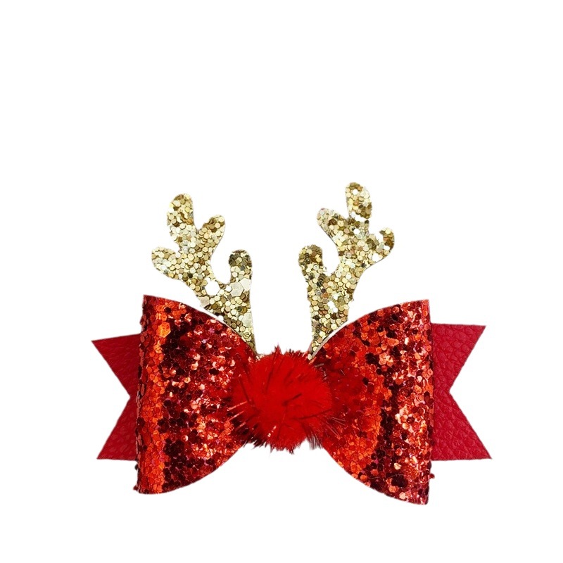 Cross-border hot sale Christmas bow hairpin shiny pink glitter side clip fur ball elk bow headdress