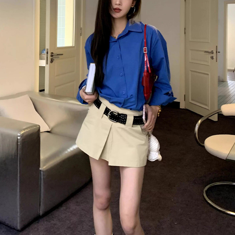 Where Is the Orange Tree Korean Style Polo Collar Blue Shirt for Women Spring Thin Sun Protection Slimming Look Elegant Outer Shirt