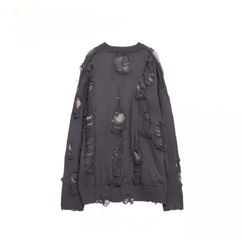 European and American High-Street Faux Two-Piece Oversized Ripped Sweater—Unisex Autumn/Winter Lazy-Style Hollow-Out Design Knitted Sweater