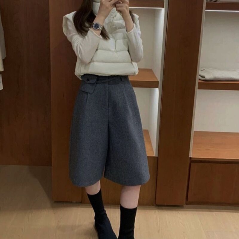 South Korea's Dongdaemun High-Waisted Woolen Pants, Loose Mid-Pants, Casual Pants with Small Waist Bag, New Autumn and Winter Styles