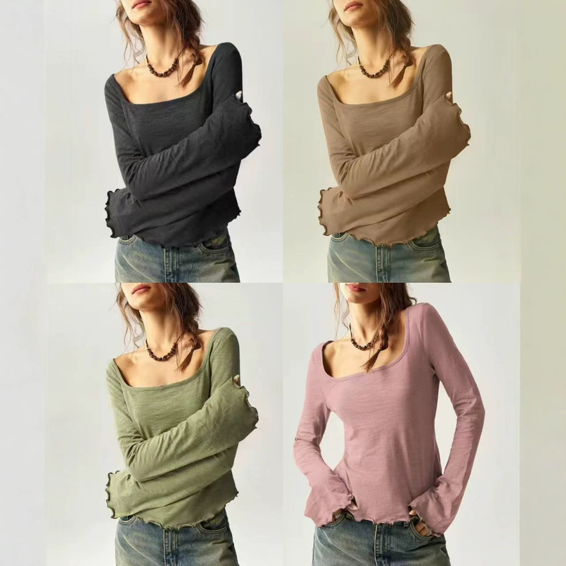 American retro U-neck long-sleeve T-shirt for women, slim fit with ruffled hem and bell sleeves, slimming top