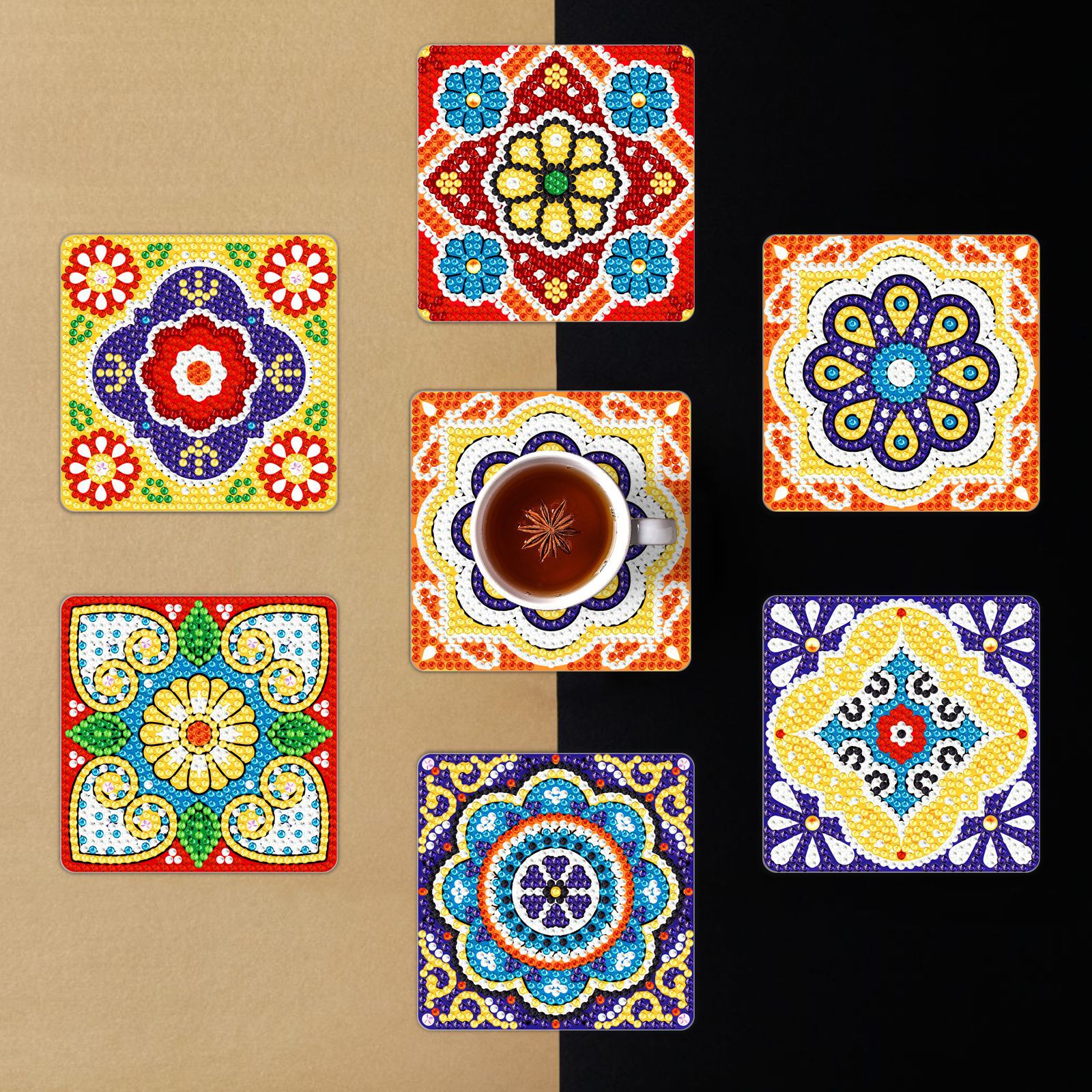 Diamante pintado alrededor DIY creativo cuadrado taza almohadilla patrón mandala taza almohadilla seis piezas set al por mayor