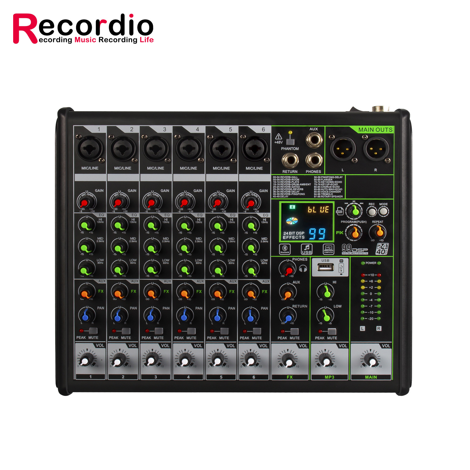 调音台6路电脑免驱动调音台直播家用舞台蓝牙USB DJmixer混音器