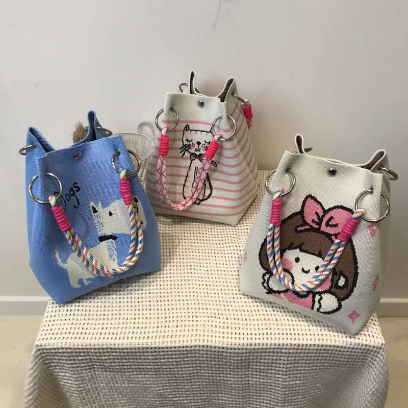 亚马逊ebay复古千鸟针织手拎包单肩包百搭休闲包针织托特包手提包