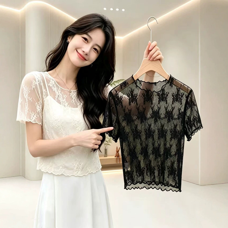 Stylish hollow lace base shirt for women, worn under a slip dress, anti-exposure transparent sheer mesh top
