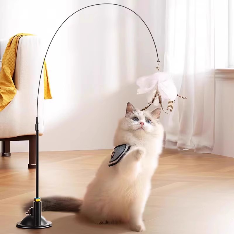吸盘吸地式逗猫棒杆猫咪玩具自嗨底座钢丝新款耐用羽毛替换头耐咬