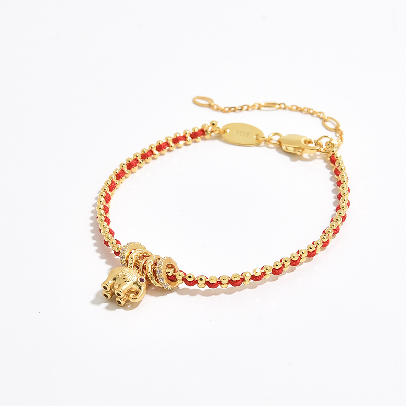 S925银镀金小金象转运螺纹锆石圈中国风手工小众轻奢送礼手链女