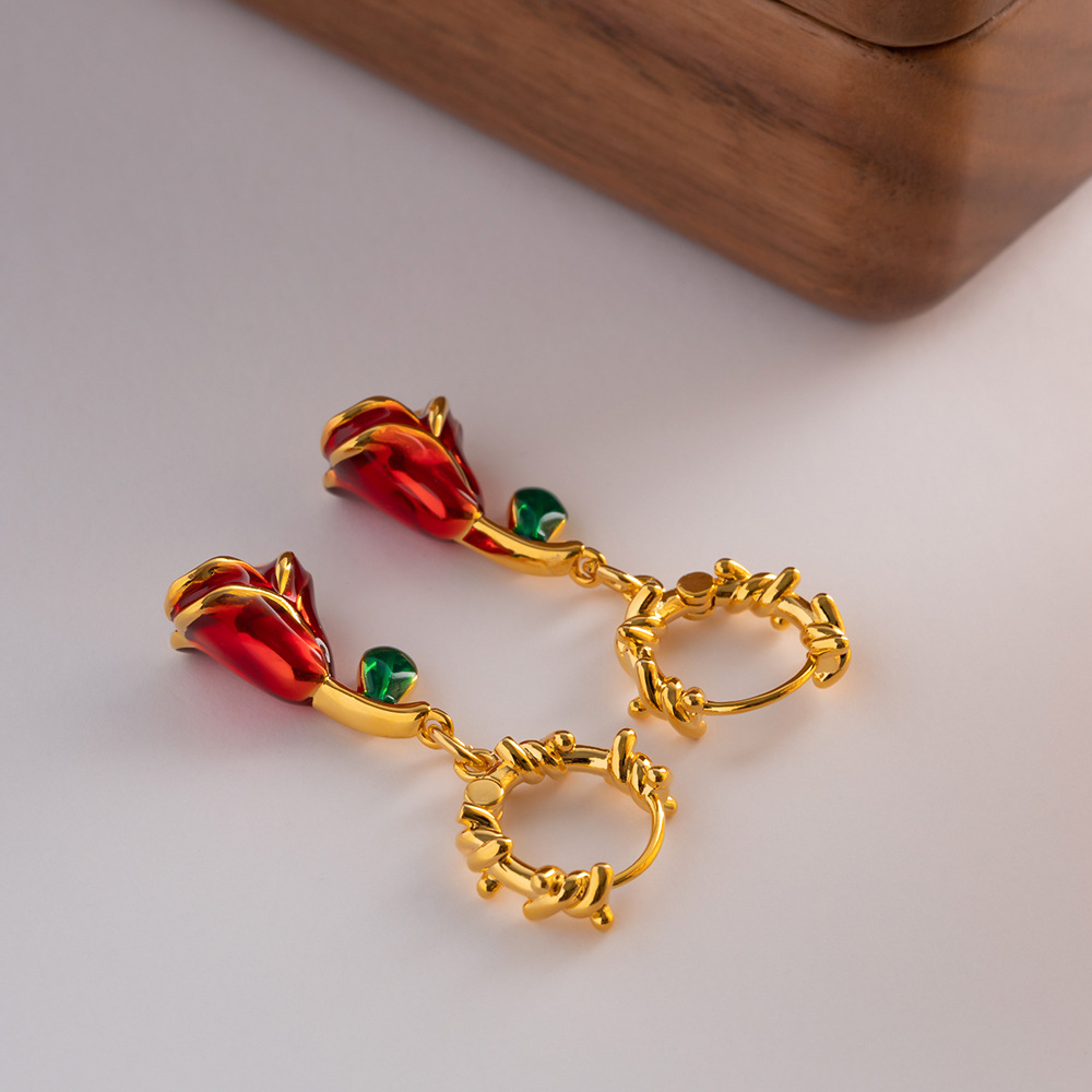 Retro Flower Copper Enamel Dangling Earrings 1 Pair