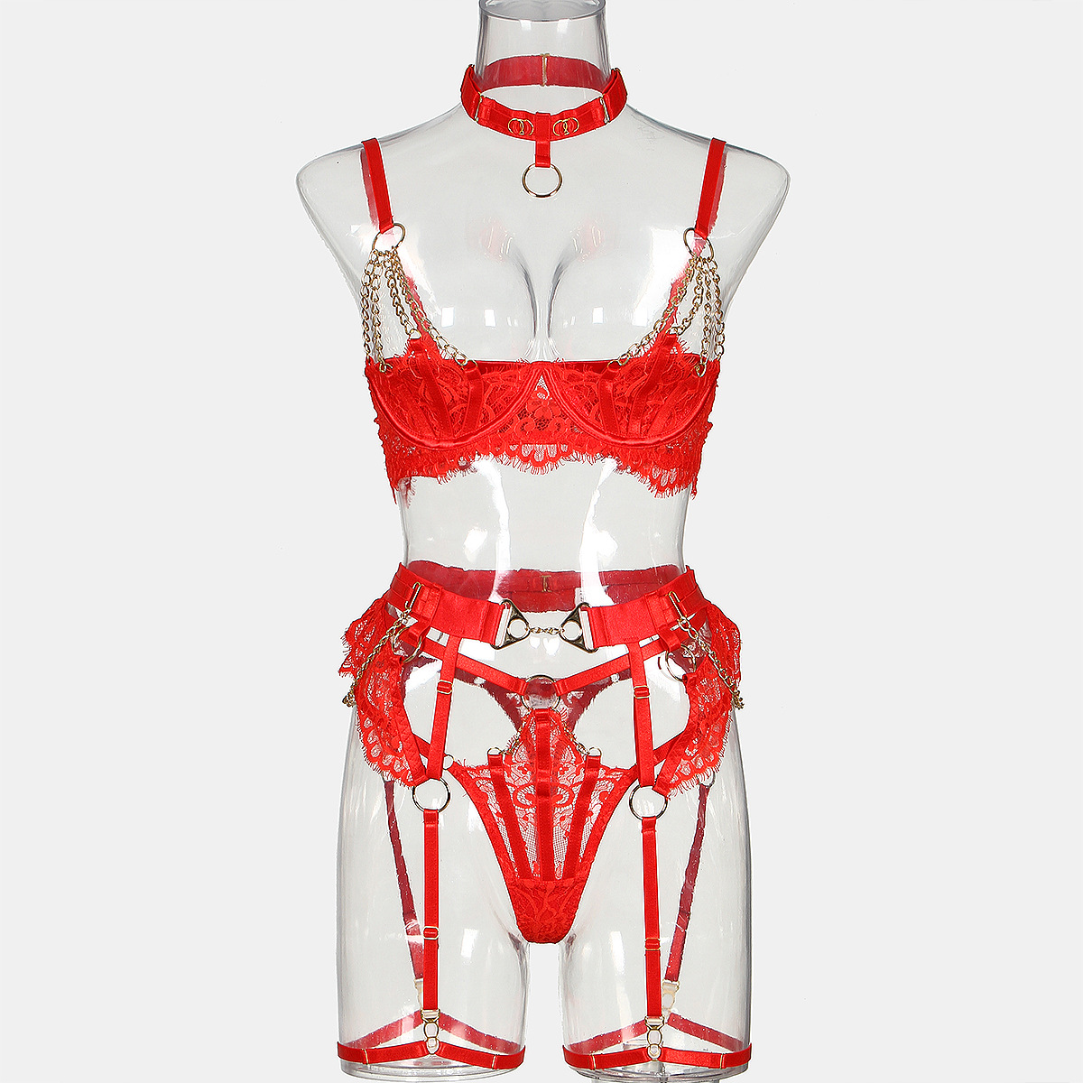 Intricate Hollow Out Half Cup Red Lace Lingerie Set