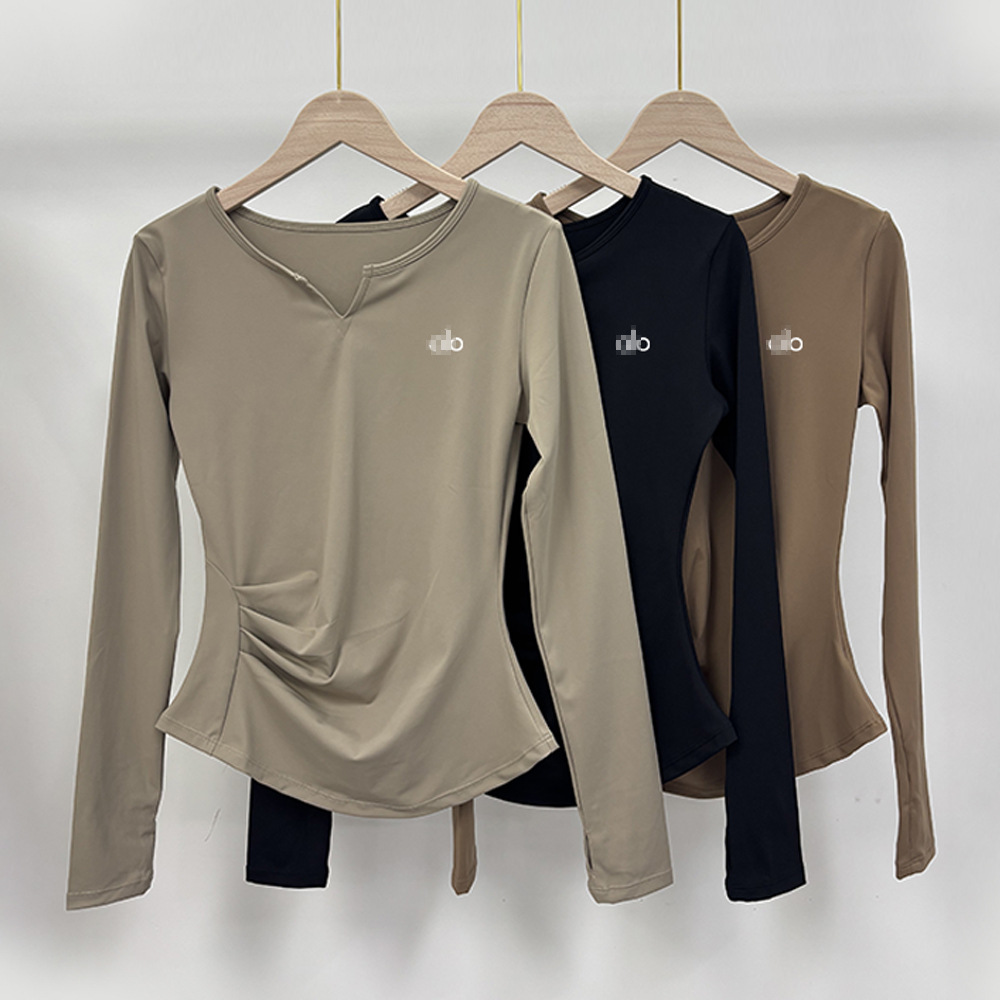 Sports Long-Sleeved T-Shirt for Women, Slim-Fitting, High-Elastic Waist-Cinching 3D Pleated Sports Running Yoga Top, Same Style as Alo