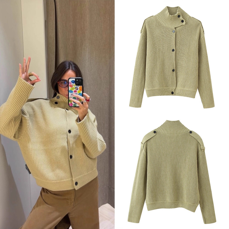 Za Cross-Border Export Spot European and American Style Women's Winter New Fashion High-Neck Knitted Cardigan Jacket