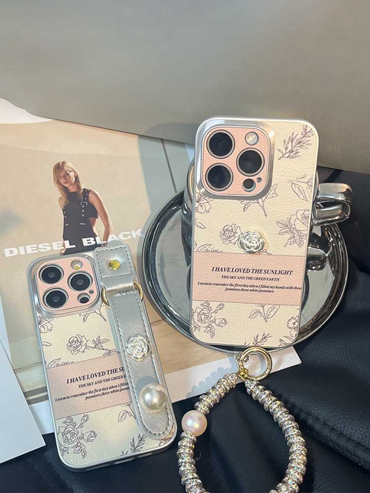 Leather Phone Case With Camellia Wrist Strap For Iphone Series_voghion.com