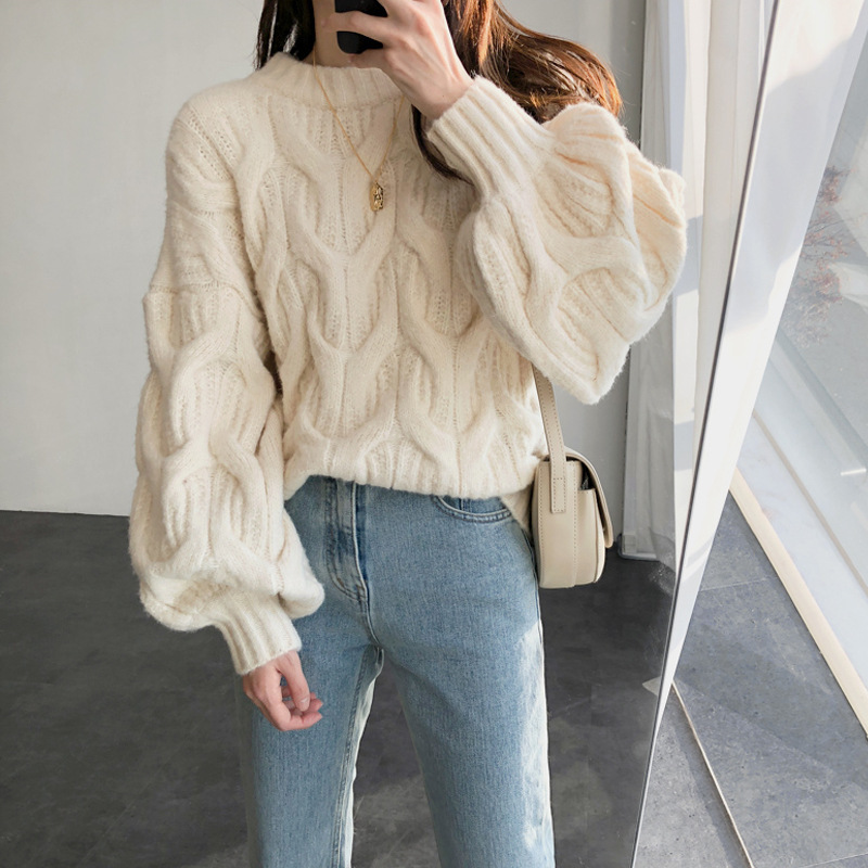Lantern Puff Sleeve Round Neck Twist Pullover Sweater Women's Autumn and Winter Lazy Style Korean Style Loose Thickened Cable Sweater