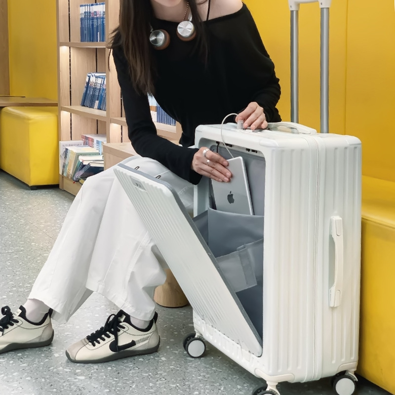 前开口行李箱带杯架旅行箱多功能拉杆登机箱学生24寸抗摔密码箱子