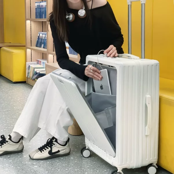 Front-Opening Suitcase with Cup Holder, Multifunctional Trolley Carry-On Suitcase for Students, 24inch Anti-Fall Password Box