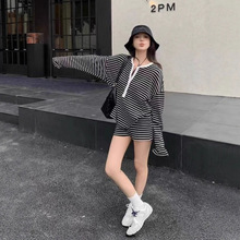 Y2K新款条纹宽松休闲家居服两件套夏季长袖上衣短裤女套装可外穿
