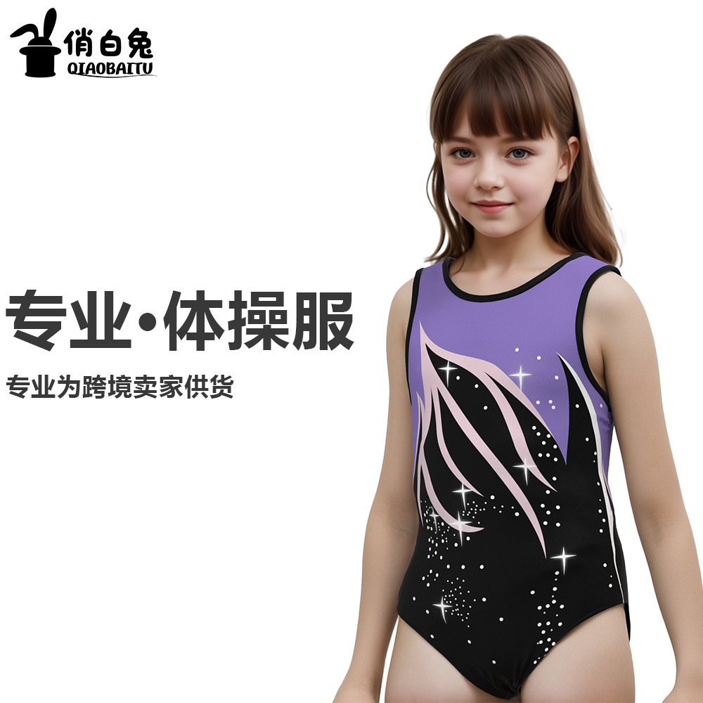 Cross-Border Kidsren's Gymnastics Clothing, New Quick-Drying Printed High-Elastic Sports Competition Training Clothing, Imitation Diamond European and American Jumpsuits