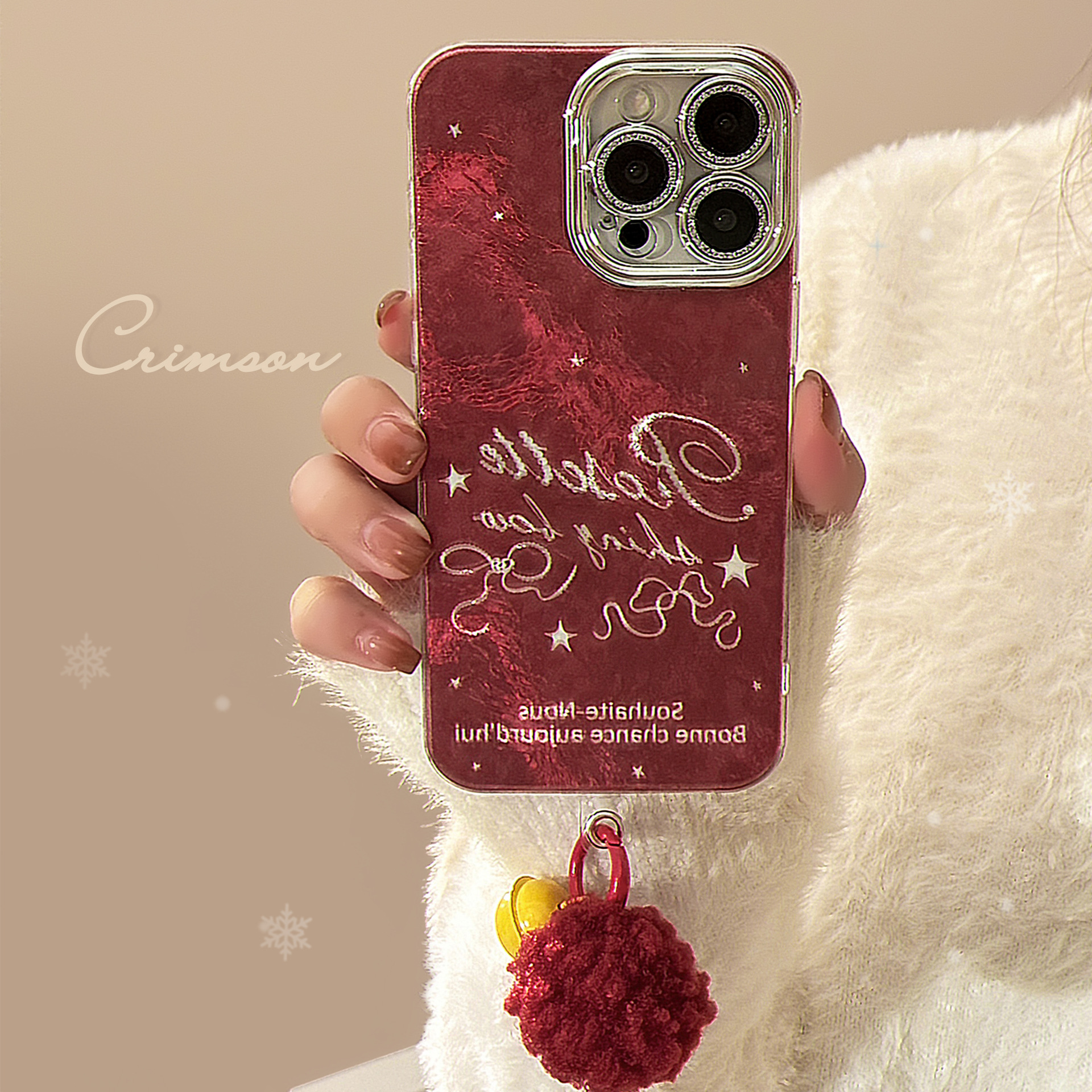 high sense suitable for apple 16 phone case 14promax wine red temperament iphone15 lens protector 13 plush rope