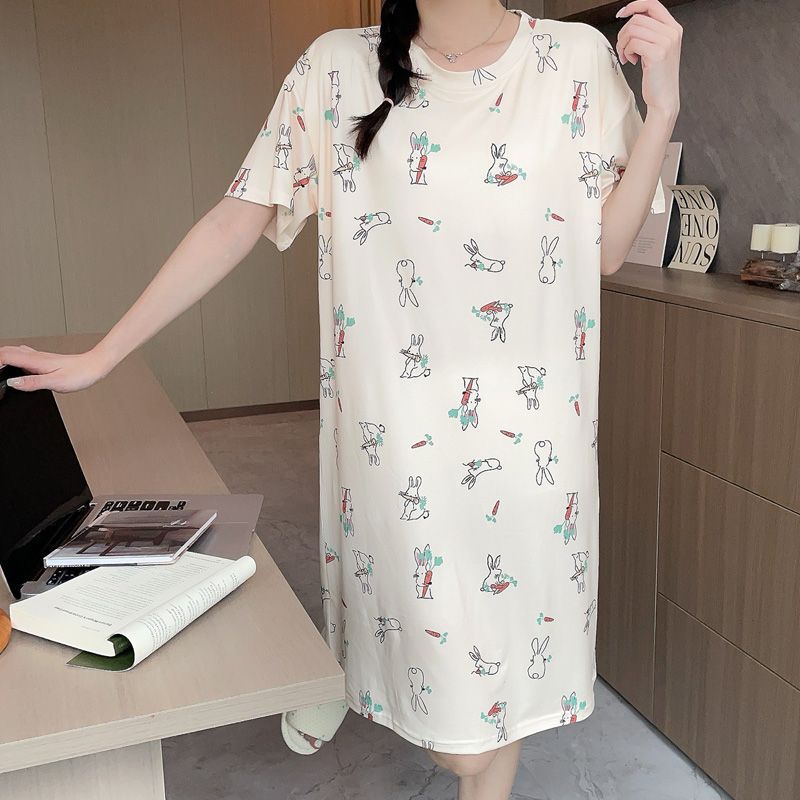Nuevo pijama de verano transfronterizo, algodón de imitación para mujer, almohadilla para el pecho, camisón, estampado de dibujos animados, servicio a domicilio de manga corta de gran tamaño